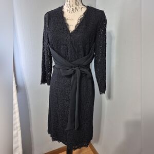 Adrianna Papell Long Sleeve Lace Waist Wrap Tie Bow Dress LBD Black Size 10